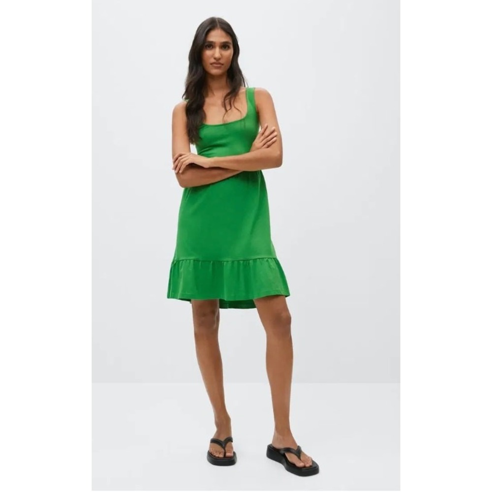 Mango Dress Womens XS Green‎ Mini Cotton Tiered Ruffle Sleeveless Summer